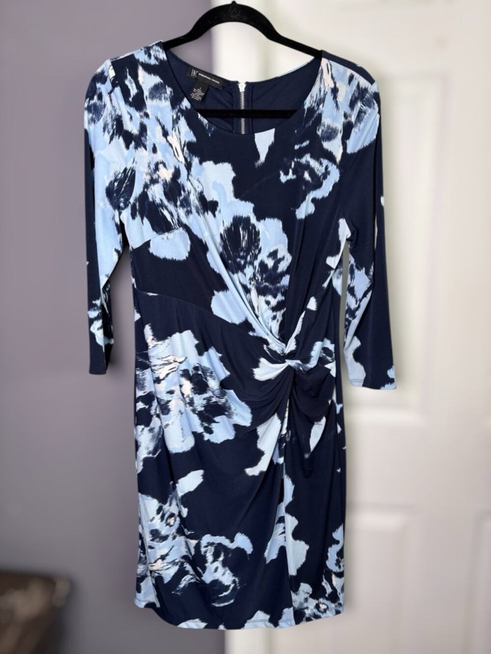INC Blue Print Long Sleeve Ruched Dress Exposed Back Zipper Large